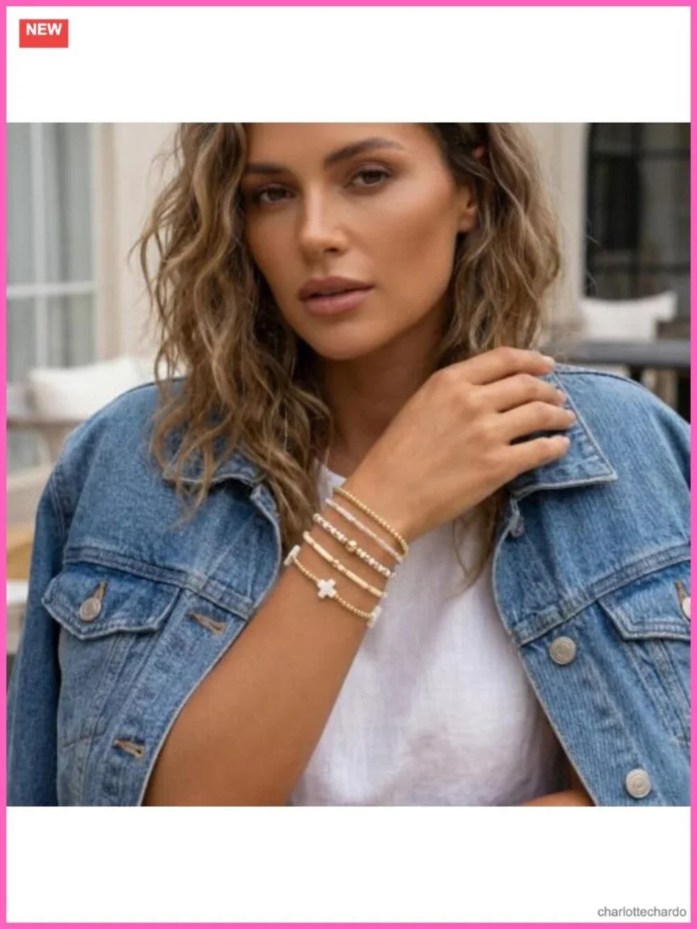 Gold Plated Beaded Bracelet Stack Cross Charm Stretch Bracelet Boho Christian
